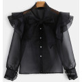 Ruffle Bowtie Thin Transparent Buttons Long Sleeve Women Blouse Shirts